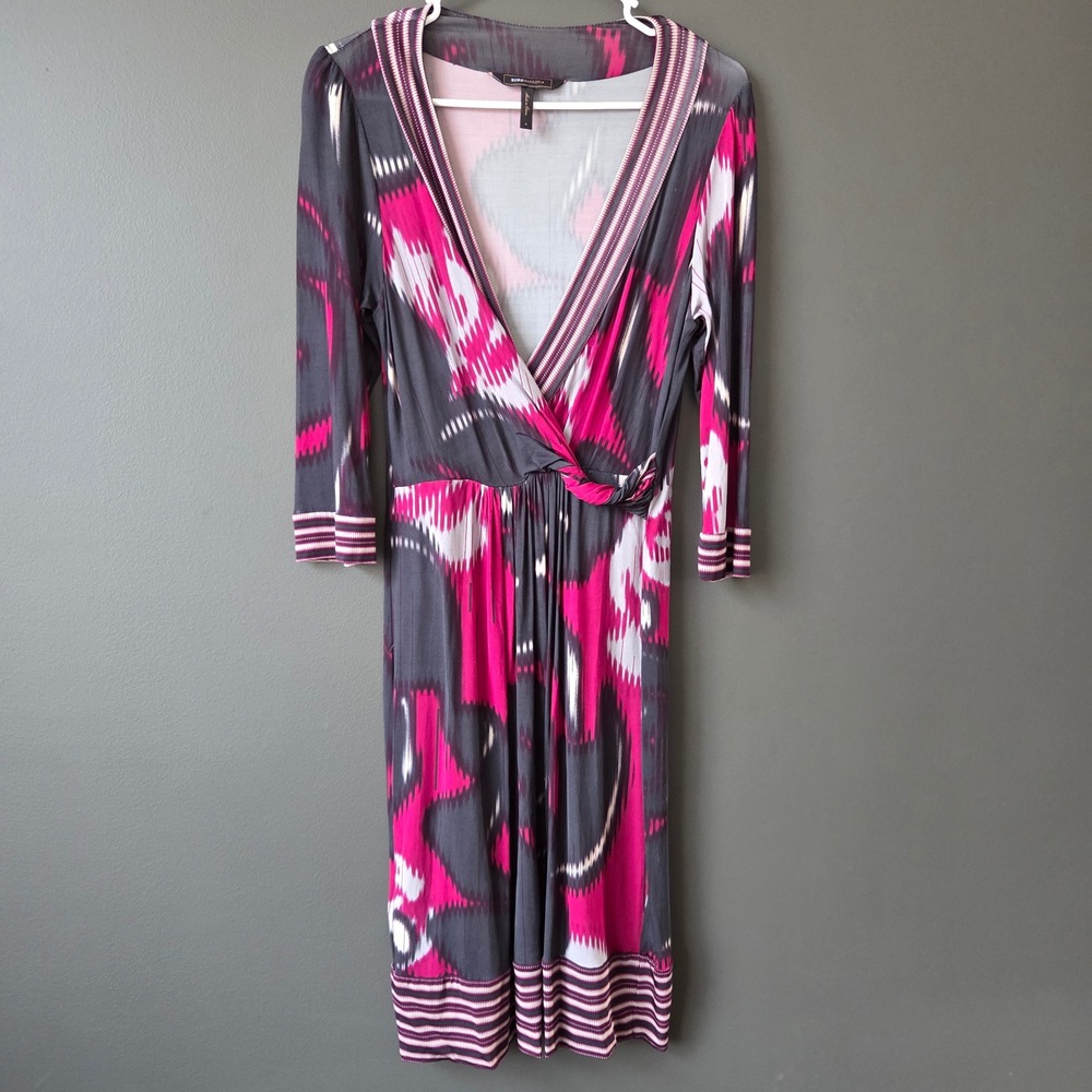 BCBGMAXAZRIA Women's Size S Pink Gray Ikat Print Draped Twist Front Midi‎ Dress
